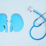 Concept World kidney day, handcraft paper blue kidneys and stethoscope on blue background
